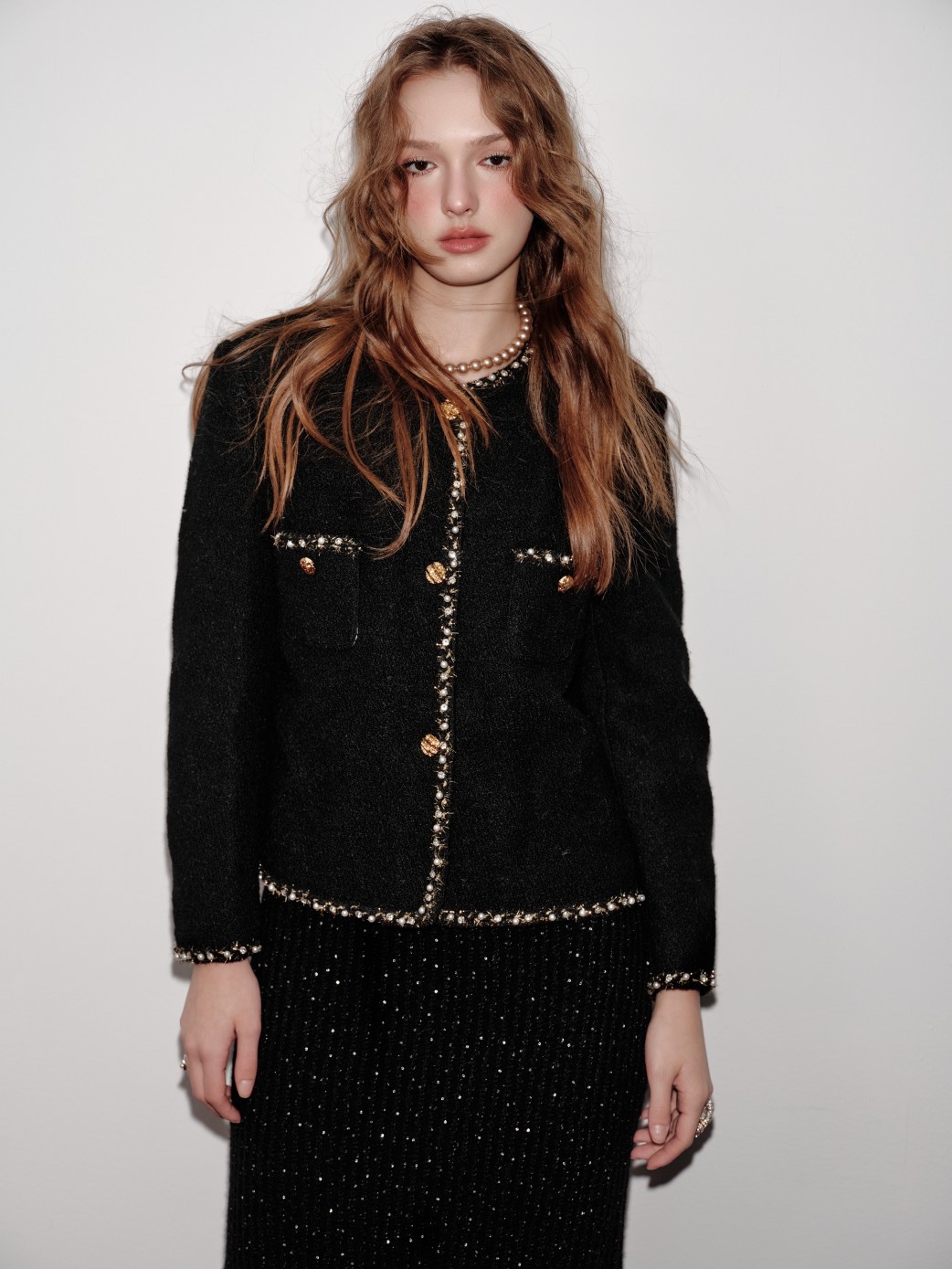 Aimme sparrow25春夏鹅绒黑色小香风外套时尚通勤百搭OL上衣女