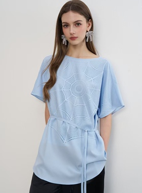 Aimme sparrow 25春夏蓝色镂空短袖醋酸裤宽松百搭时尚显瘦女