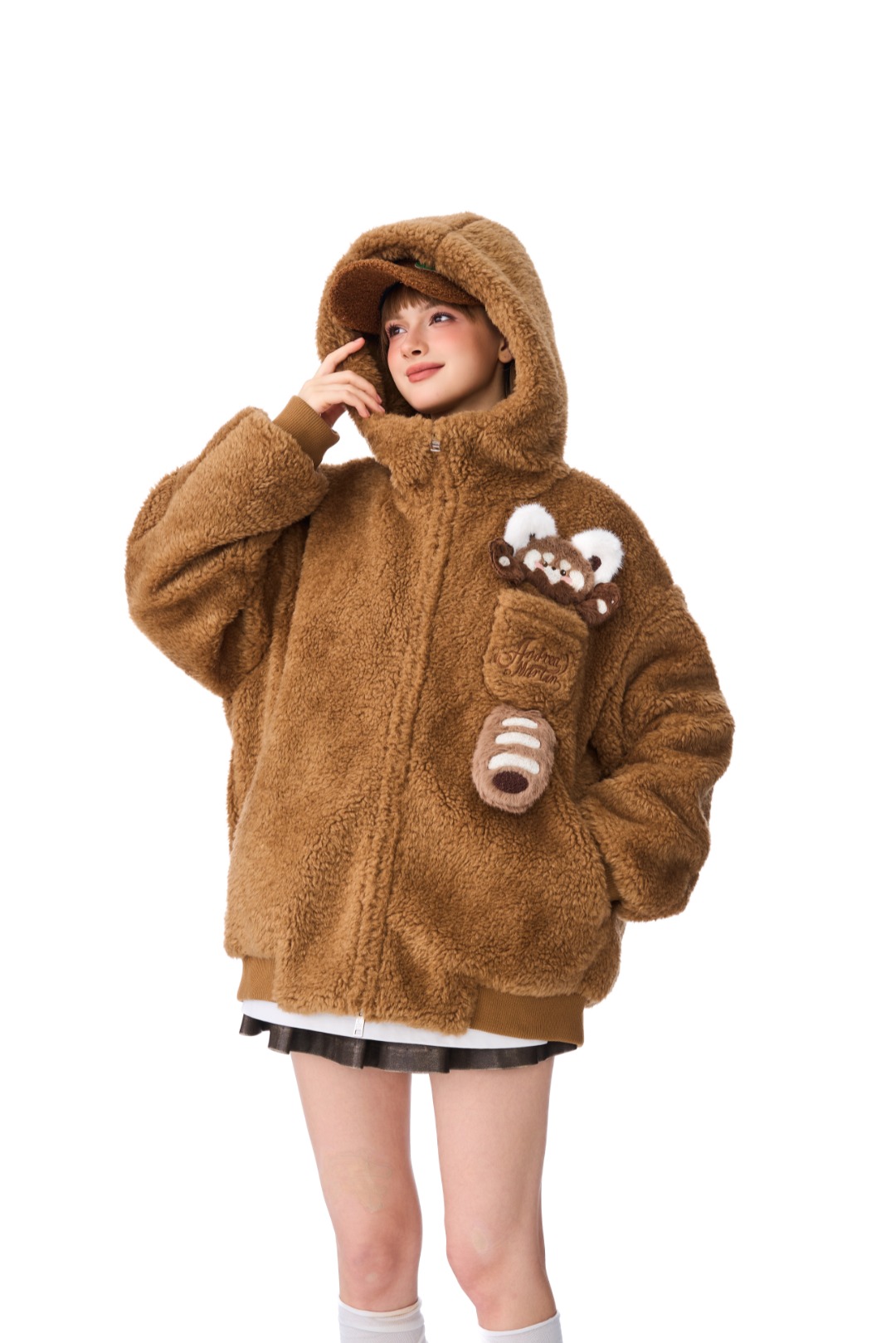 Andrea Martin 25秋冬新品驼色小熊猫毛绒外套时尚百搭休闲上衣