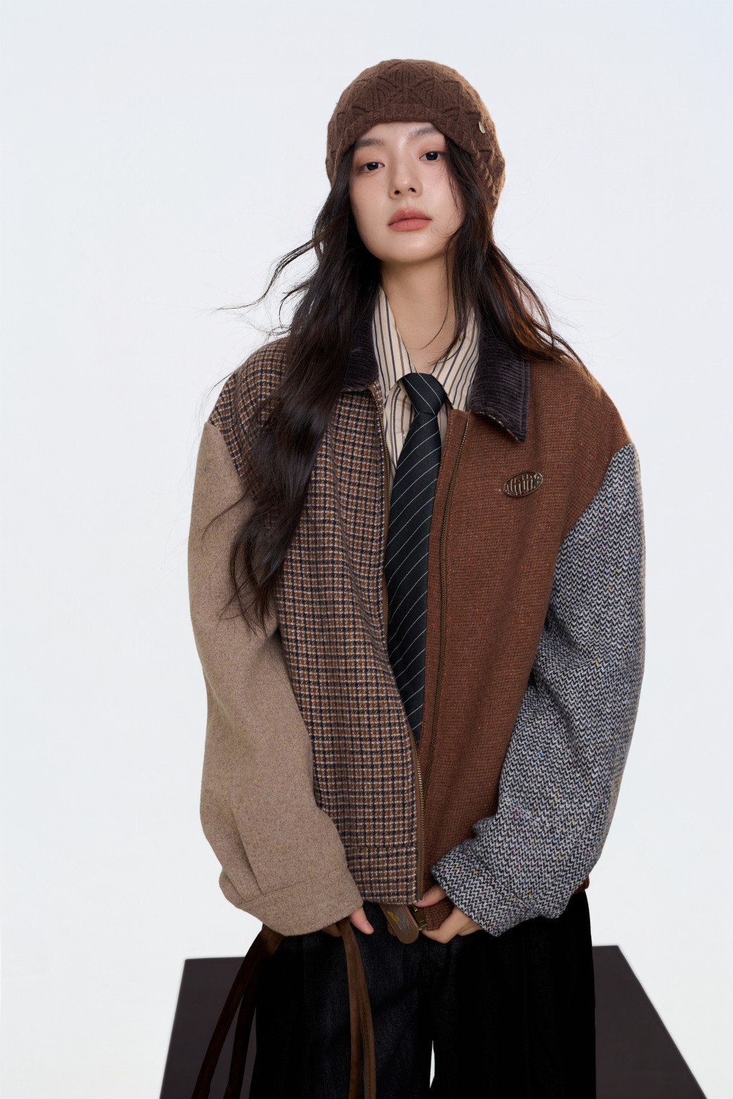 复古拼接毛呢外套英伦风