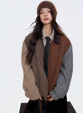 Aimme sparrow 25秋冬返璞时髦精复古拼接外套宽松毛呢外套高级感