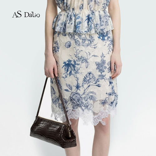 ASDalio青花瓷蕾丝拼接半裙