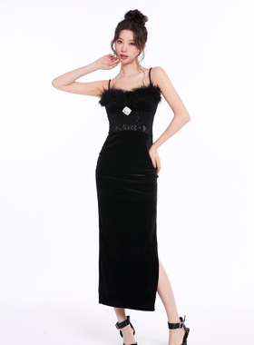 Aimme sparrow黑色丝绒方钻连衣裙吊带裙修身显瘦优雅时尚轻奢