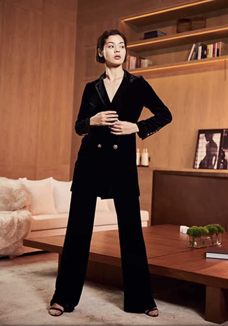 天鹅绒阔腿女休闲通勤长裤黑色