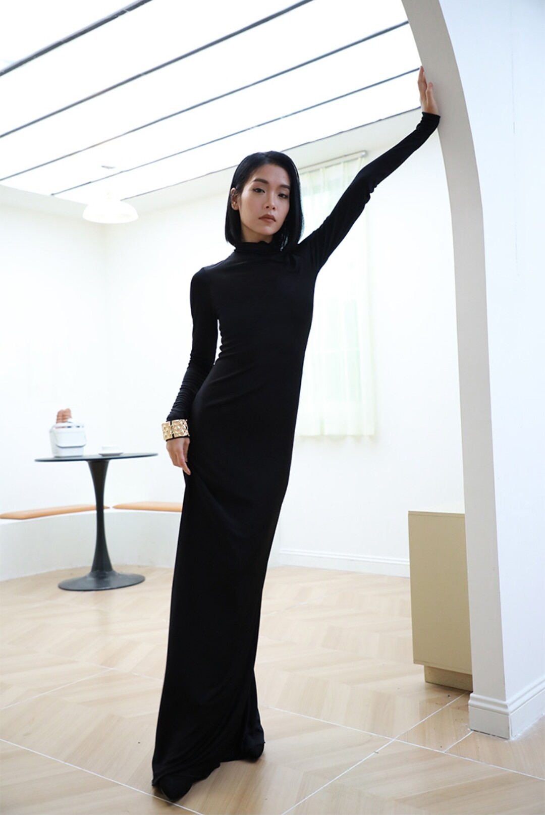 charlotta gandolfo真丝针织连衣裙高领长袖修身长裙极简优雅女裙