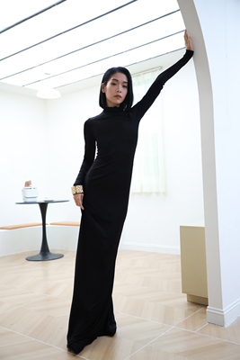 charlotta gandolfo真丝针织连衣裙高领长袖修身长裙极简优雅女裙