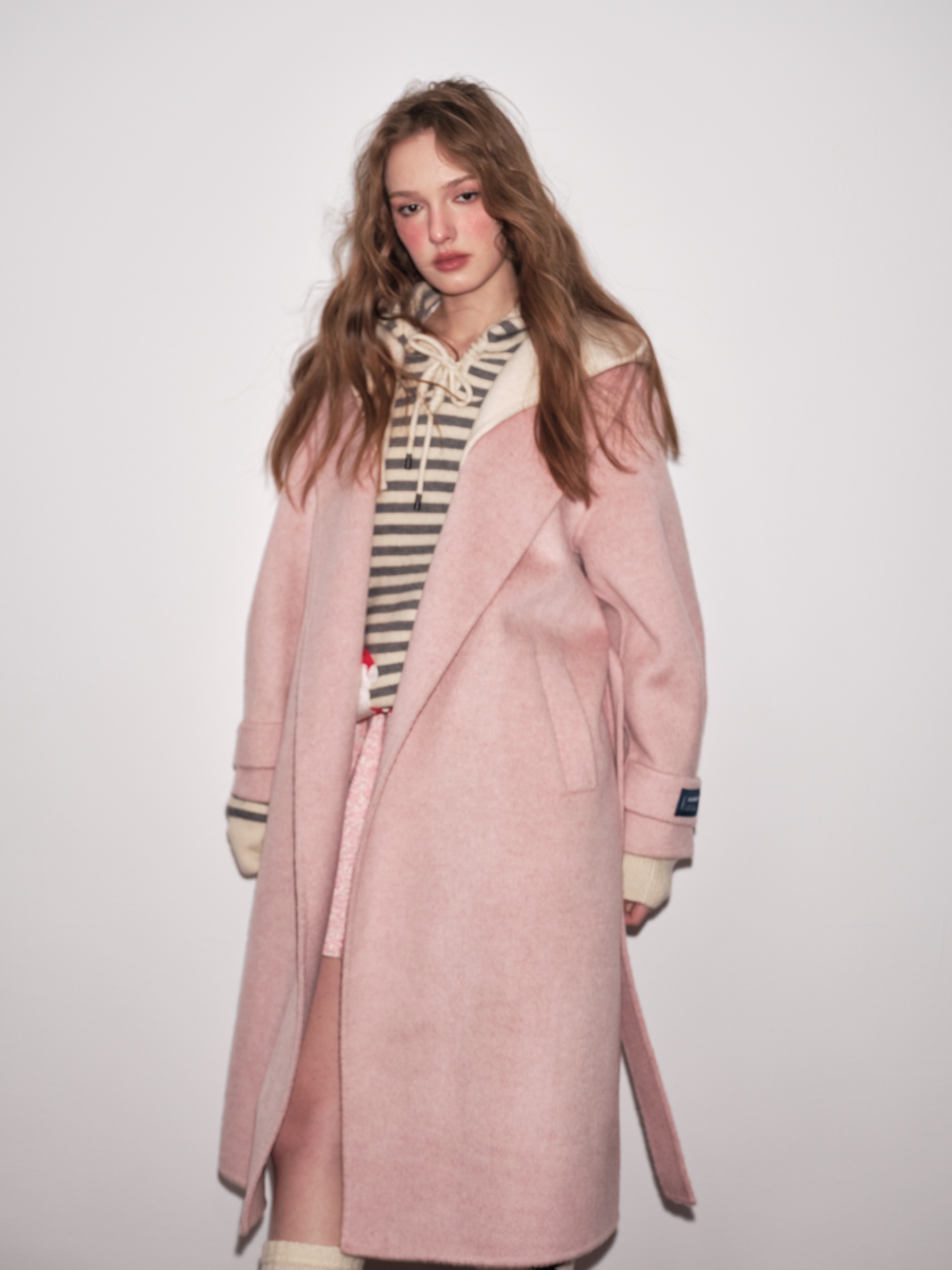 Aimme sparrow25SS粉色拼接外套大衣时尚甜美少女粉毛呢外套长款