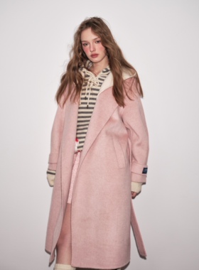 Aimme sparrow25SS粉色拼接外套大衣时尚甜美少女粉毛呢外套长款