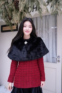 GUO JINGYI25秋冬红格纹粗花呢蝴蝶结连衣裙黑色钻扣毛领斗篷披肩