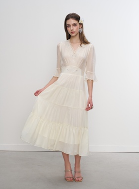 Aimme sparrow 25春夏真丝白色V领连衣裙时尚优雅气质女裙飘逸