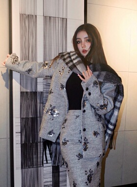 Aimme sparrow25春夏灰色亮片套装上衣外套半身裙时尚套装通勤女