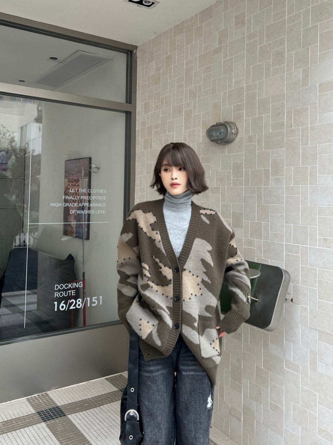Andrea Martin 25秋冬新品迷彩针织开衫时尚百搭毛衣