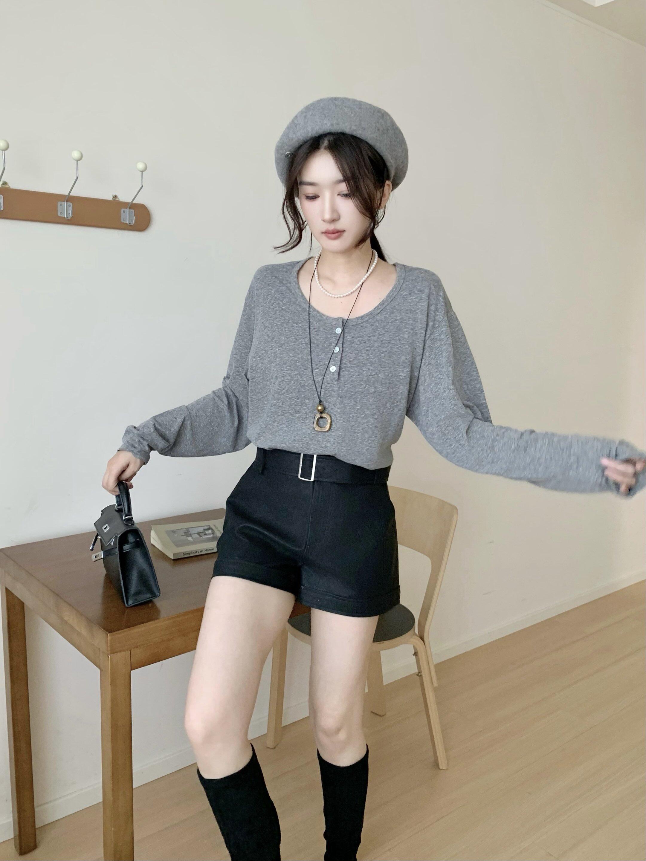 XANDRA25秋冬黑色腰带皮裤咖色腰带皮裤时尚潮流百搭女裤简约短裤