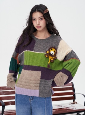 NOT FOR US新款上新橙色/绿色狮子玩偶拼接针织毛衣时尚百搭休闲