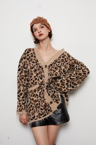 Aimme sparrow 25春夏豹纹流苏毛衣外套时尚通勤百搭休闲宽松上衣