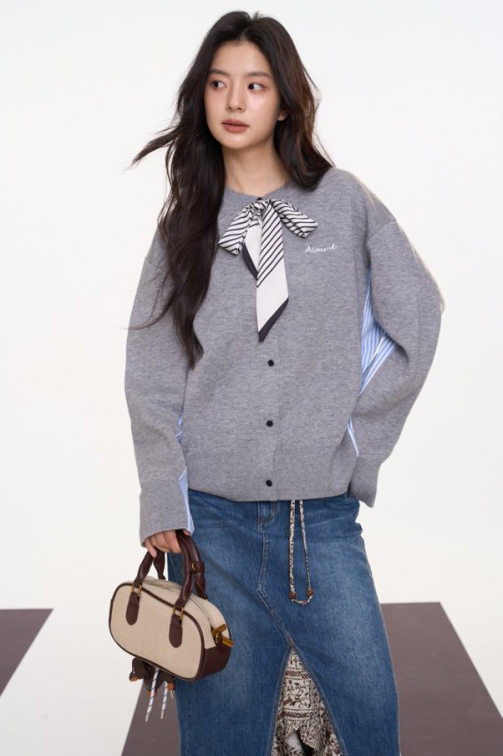 丝巾拼接开衫时尚百搭女上衣