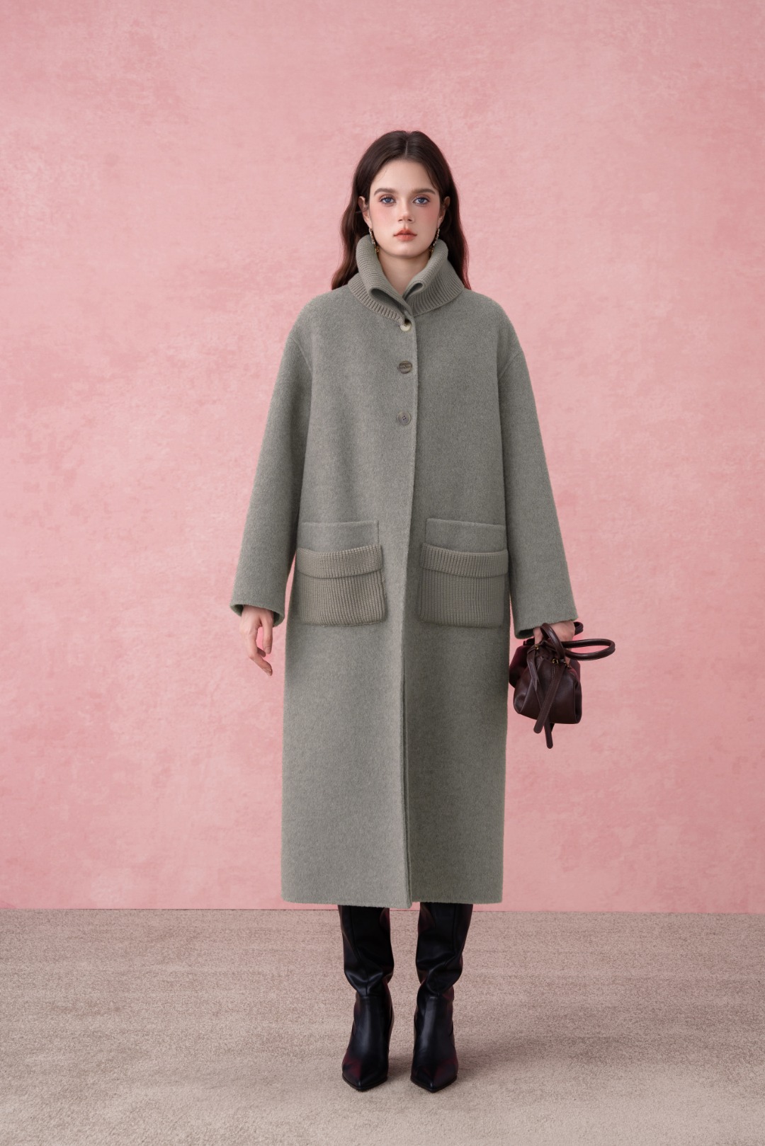 罗纹领长款大衣时尚百搭休闲外套