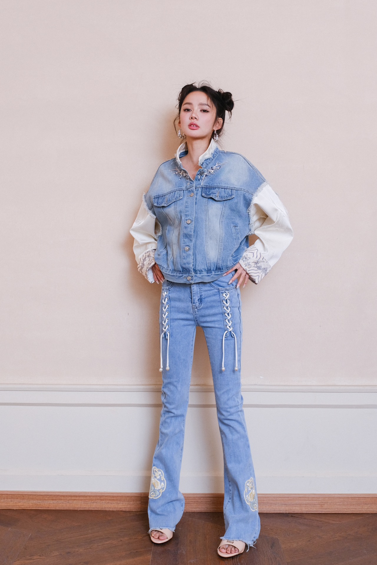 王鹤润吉娜爱丽丝/孟子义同款Aimme sparrow春夏新中式牛仔裤时尚