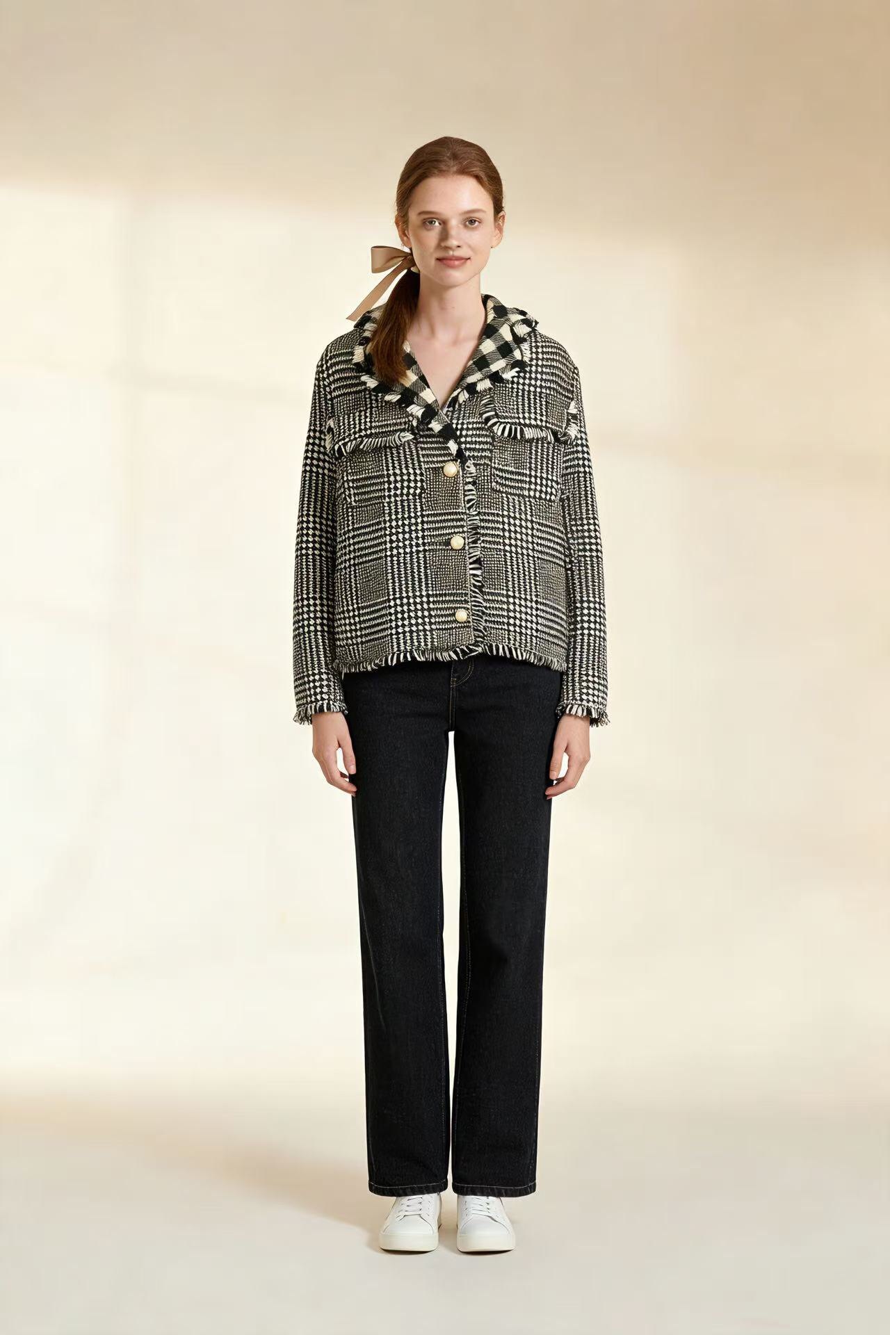 XANDRA 26春夏千鸟格肌理感流苏边短外套时尚百搭休闲宽松上衣女,女装/女士精品,短外套,淘宝优惠券,粉丝福利购,淘宝优惠卷