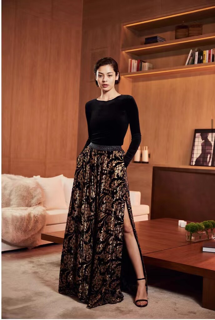 CHARLOTTA GANDOLFO天鹅绒真丝半身裙丝绒半裙时尚百搭优雅A型女