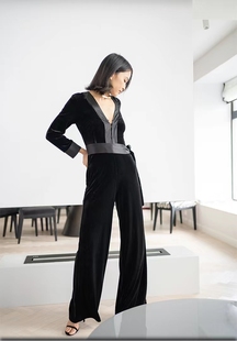 连体裤 CHARLOTTA GANDOLFO 瑞典设计师品牌丝绒长袖 黑色高腰 长裤