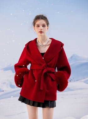 左卓/姜贞羽同款Aimme sparrow红色睡袍款时尚大衣毛毛袖喜庆节日