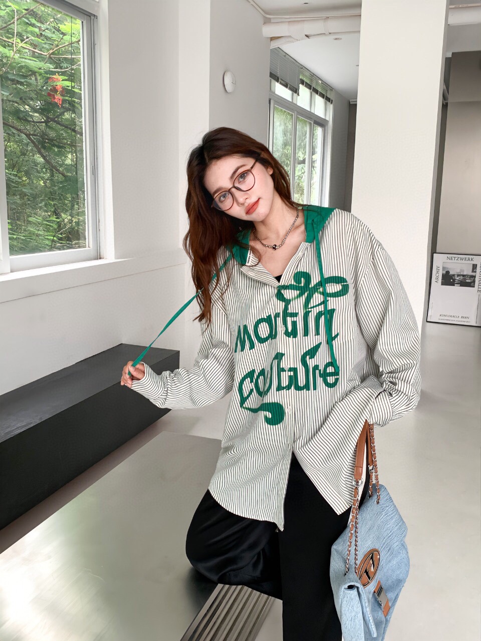 Andrea Martin 24FW新款绿色条纹涂鸦连帽衬衫超酷潮款百搭日常