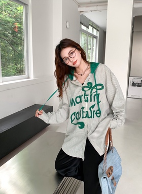 Andrea Martin 24FW新款绿色条纹涂鸦连帽衬衫超酷潮款百搭日常