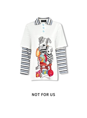 NOT FOR US白色条纹拼接假两件polo领小狗印花长袖