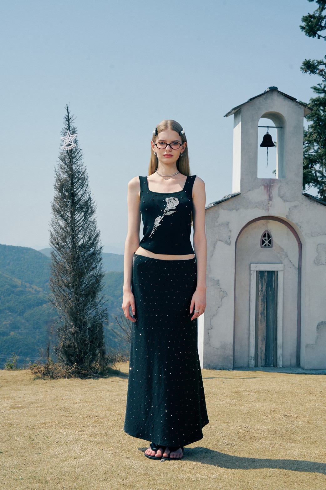 Aimme sparrow 25春夏玫瑰背心时尚潮流优雅气质吊带打底衫女半裙