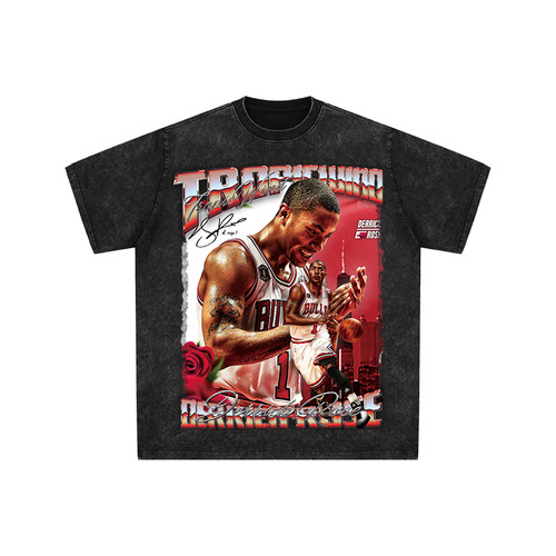 球星T恤美式水洗宽松嘻哈重磅复古短袖芝加哥之子罗斯风城玫瑰