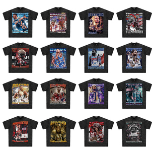 球星T恤美式街头直喷水洗宽松重磅短袖莫兰特库里哈登科比詹姆斯