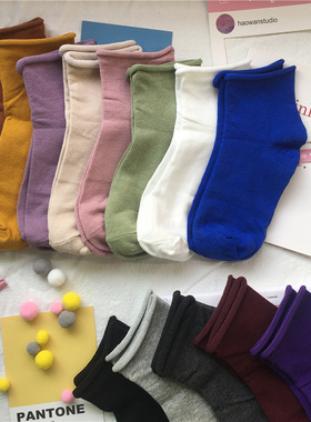5双夏天学生运动短袜女浅口卷边袜可爱日系ins潮袜子女夏季薄款