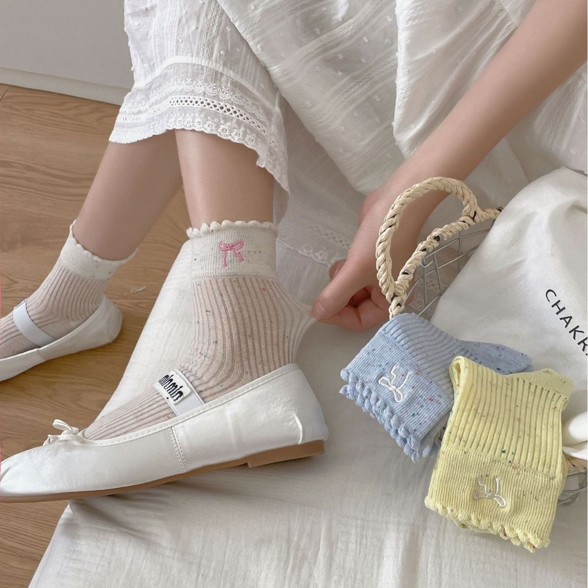 无骨缝花边袜子女堆堆袜点子纱蝴蝶结日系芭蕾风薄款短筒女袜
