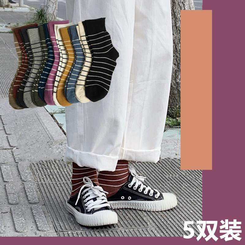 袜子女双装韩版条纹运动中筒袜