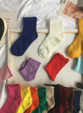 5双彩色袜子女中筒袜ins潮短袜卷边白色纯棉中长筒袜日系秋堆堆袜