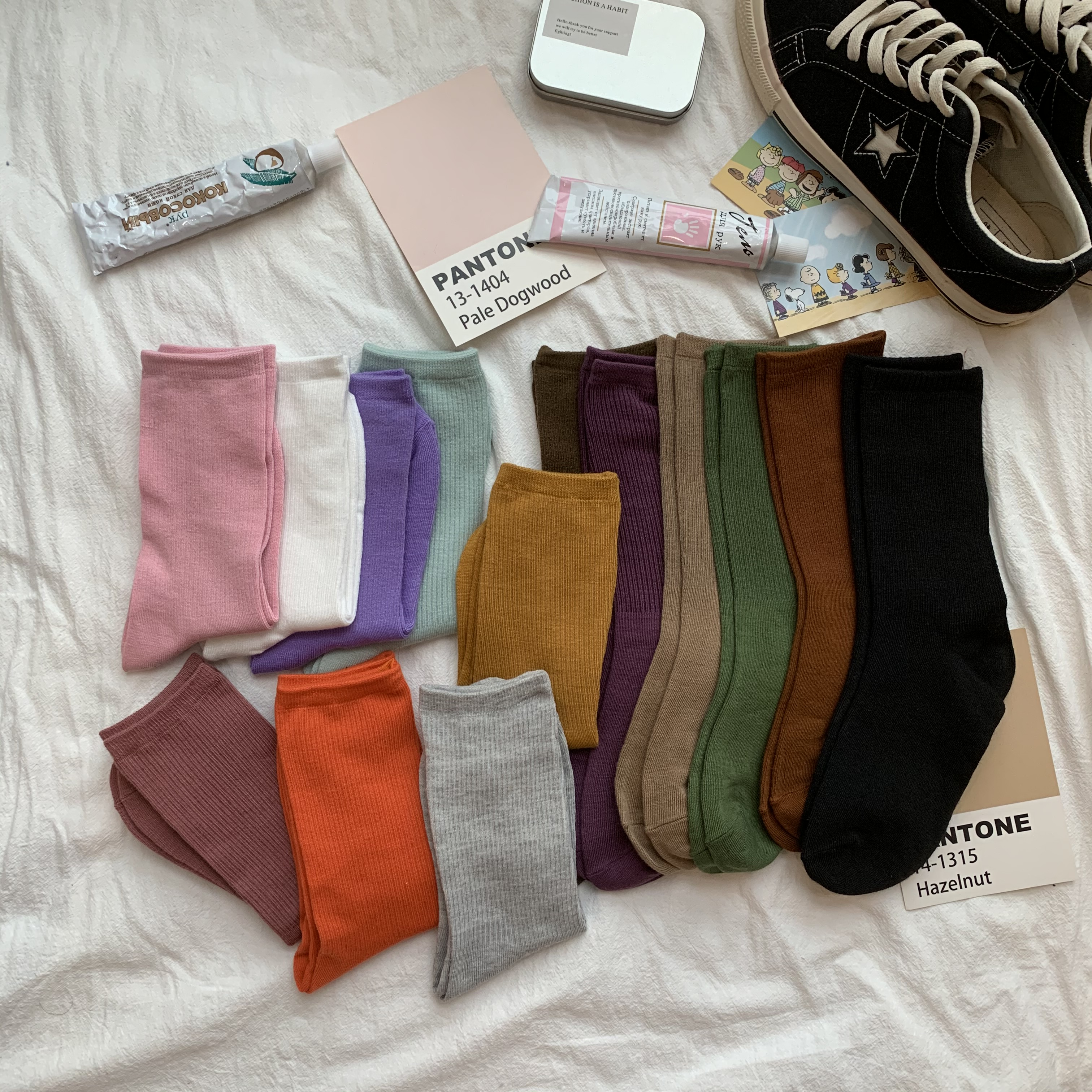 潮双装韩版纯色百搭日系堆堆袜