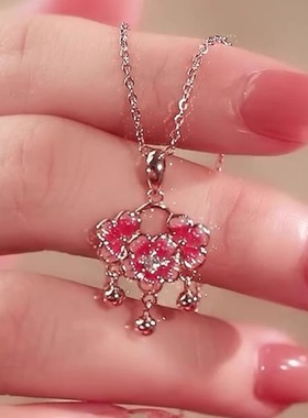 浪漫桃花项链纯银铃铛粉色吊坠