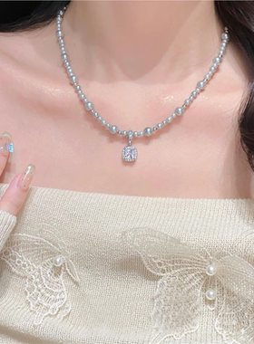 纯银方糖项链气泡灰珍珠