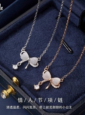 s925银蝴蝶结猫眼石项链2025新款首饰小众设计生日礼物送闺蜜情人