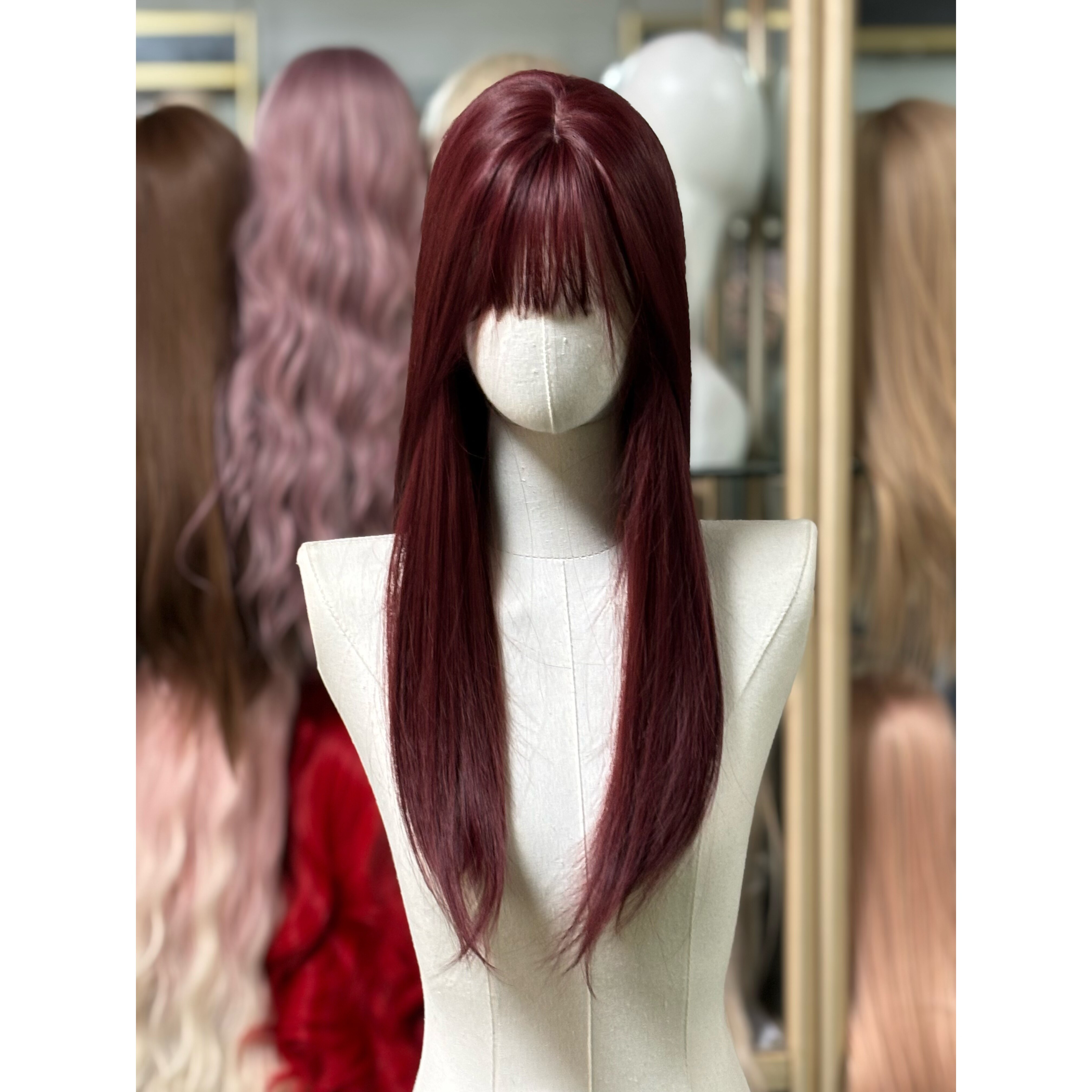 齐刘海中长假发女树莓红显白时尚潮流自然仿真人发全头套长直发