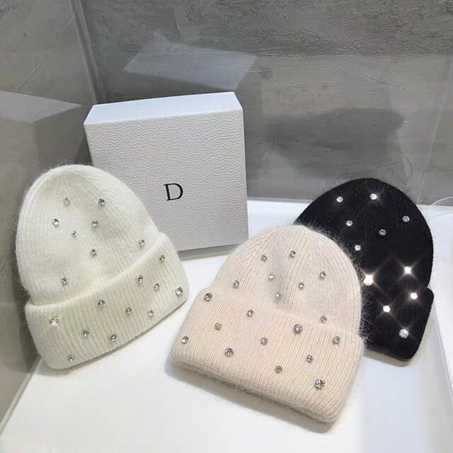 秋冬季新款水钻毛线帽子女甜美