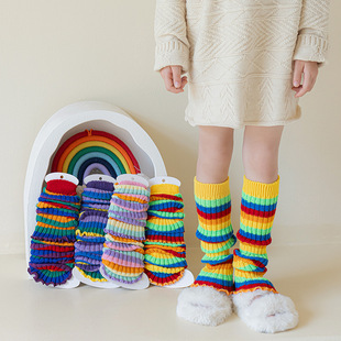 新款 儿童针织袜套彩色毛线保暖脚腿套女童糖果色条纹堆堆袜批