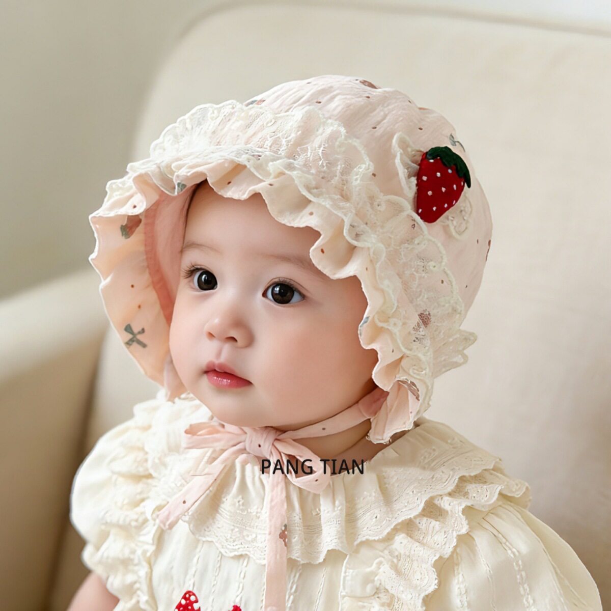 婴儿帽子春秋薄款小月龄花边草莓