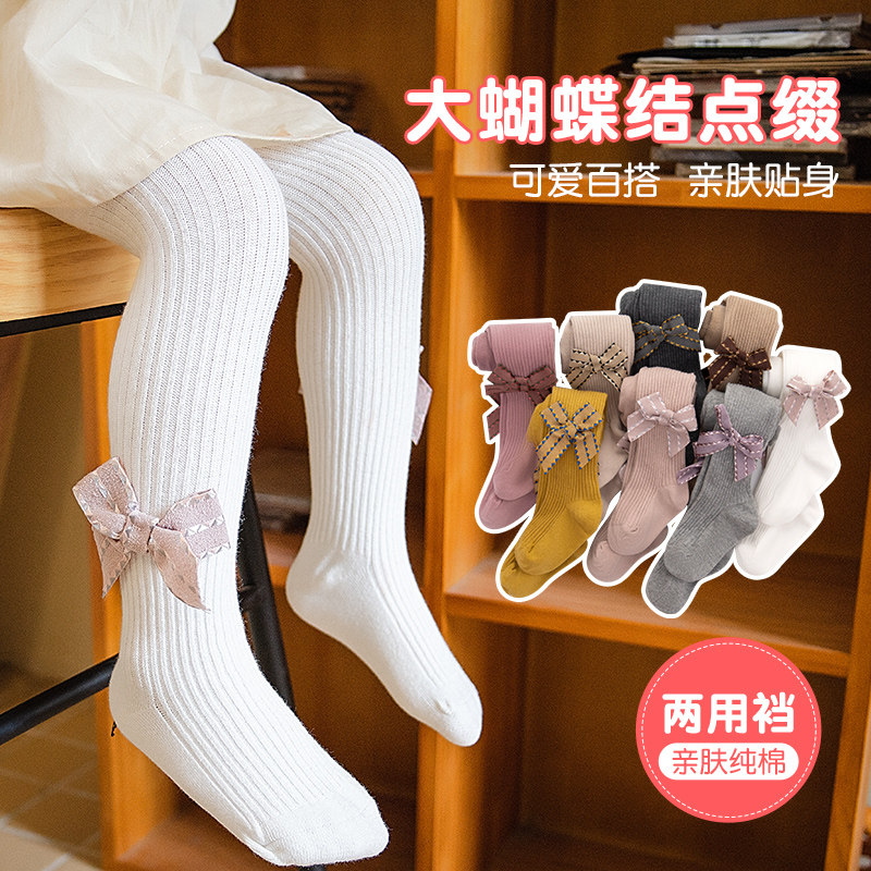 女童打底裤春秋款新款儿童打底袜外穿小童竖条大蝴蝶结女宝连裤袜