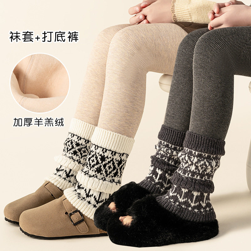 女童打底裤加绒加厚袜套拼接儿童一体绒保暖白色堆堆袜连裤袜冬季