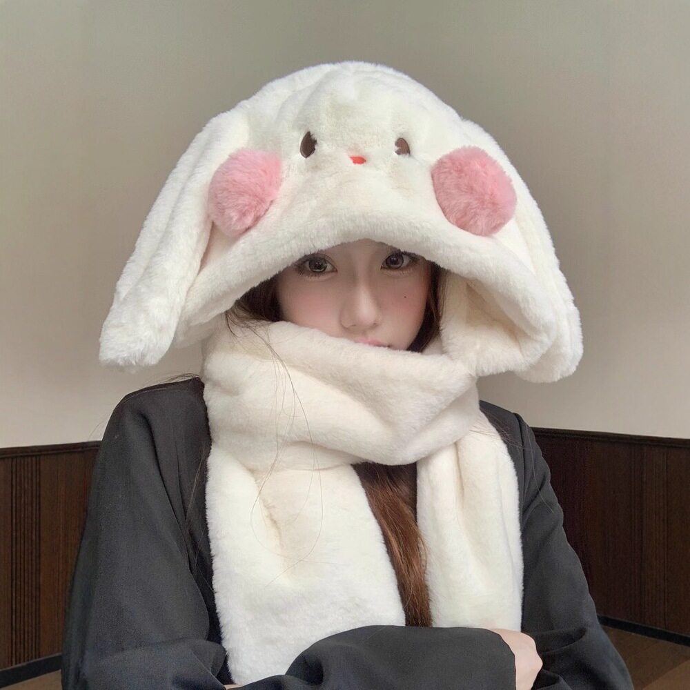 毛绒兔子耳朵保暖帽子围巾手套