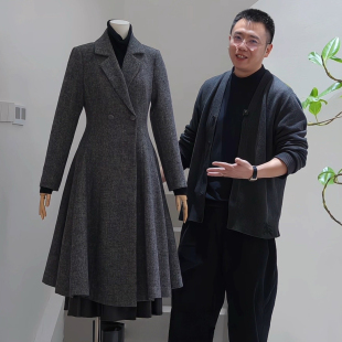 西装 杰唯卡 中长款 毛呢大衣女2026早春新款 外套 复古赫本风裙摆式