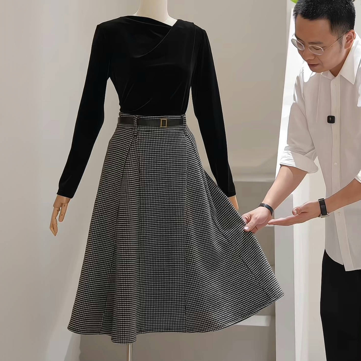 复古风A字千鸟格显瘦高腰半身裙