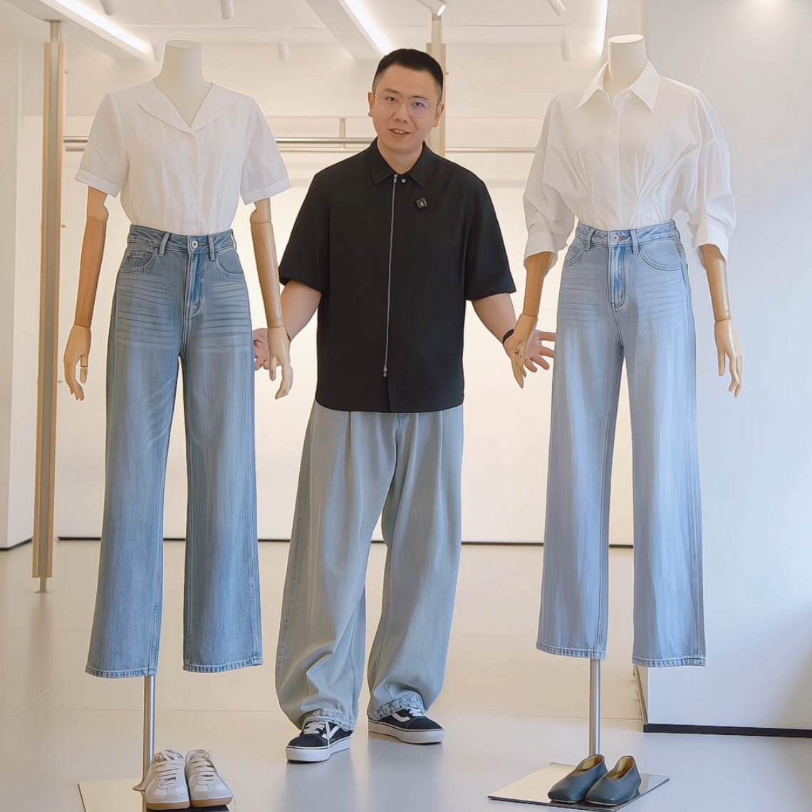杰唯卡棉麻混纺直筒牛仔裤女夏季薄款复古浅蓝色高腰宽松阔腿长裤